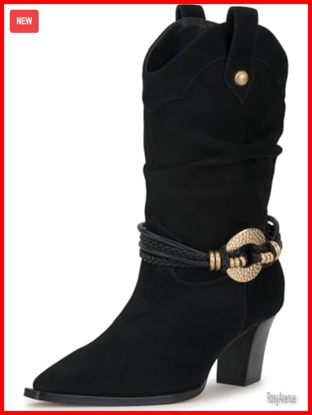 Leather Slouch Western Bootie Pointed Toe Stacked Heel